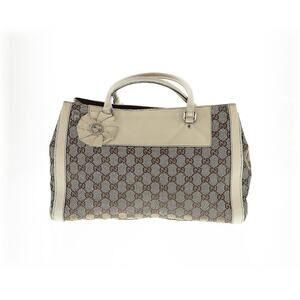 Authentic GUCCI Logo GG Pattern Trophy Tote Bag Canvas Leather Creamy White EUC